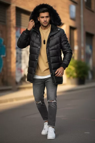 Geaca barbati groasa de iarna, imblanita, neagra 9205A