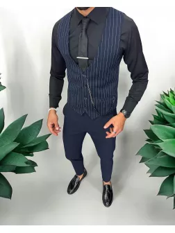 Vesta barbati eleganta slim fit, bleumarin cu dungi albe, 13260