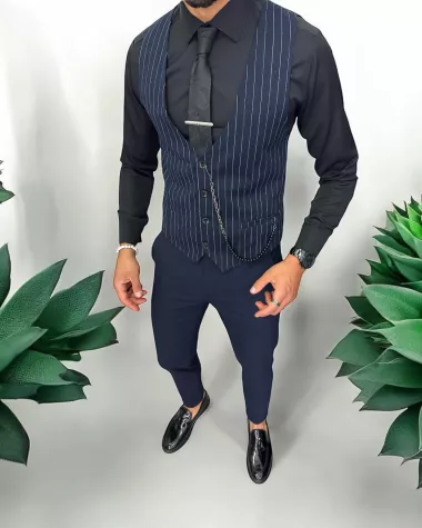 Vesta barbati eleganta slim fit, bleumarin cu dungi albe, 13214