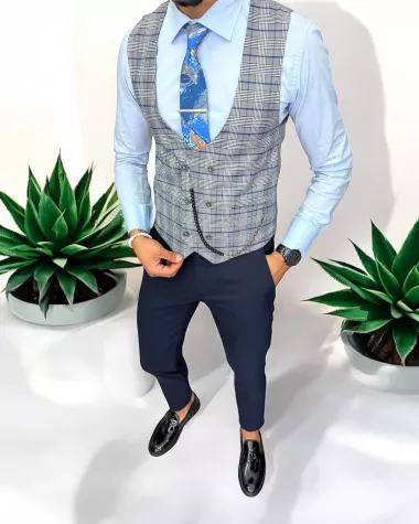 Vesta barbati eleganta slim fit, in carouri, 13219