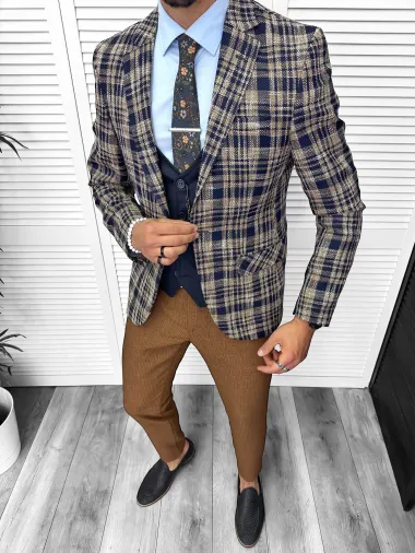 Costum barbati slim fit sacou, pantaloni, vesta, cravata, batista 13200