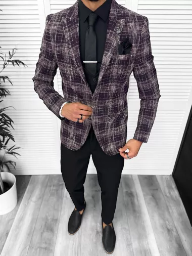 Costum barbati slim fit sacou, pantaloni, vesta, cravata, batista 13201