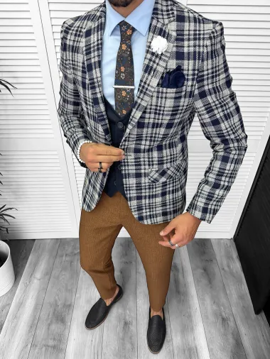 Costum barbati slim fit sacou, pantaloni, vesta, cravata, batista 13202