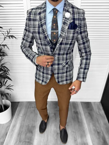 Costum barbati slim fit sacou, pantaloni, vesta, cravata, batista 13202