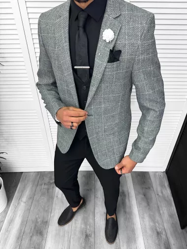 Costum barbati slim fit sacou, pantaloni, vesta, cravata, batista 13203