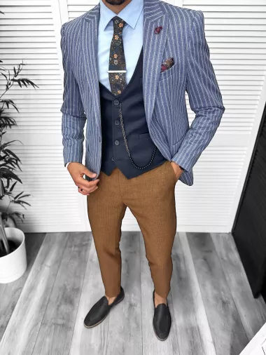 Costum barbati slim fit sacou, pantaloni, vesta, cravata, batista 13204