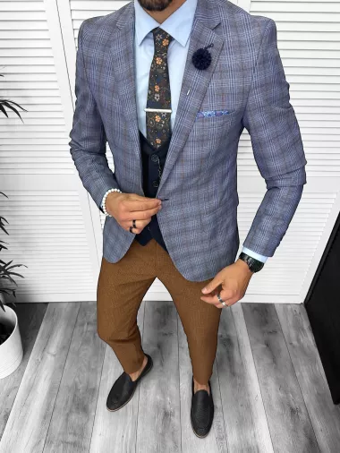 Costum barbati slim fit sacou, pantaloni, vesta, cravata, batista 13206