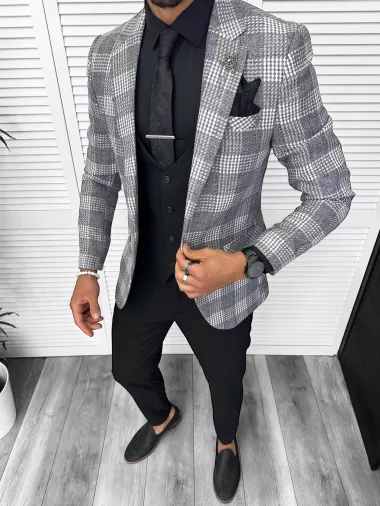 Costum barbati slim fit sacou, pantaloni, vesta, cravata, batista 13207