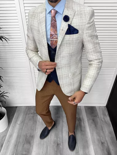 Costum barbati slim fit sacou, pantaloni, vesta, cravata, batista 13208