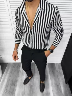Camasa barbati slim fit alba cu dungi negre 13211
