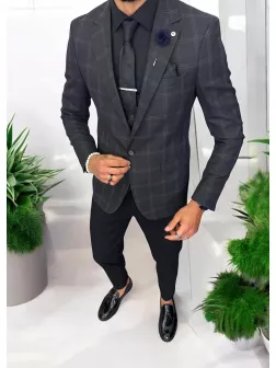 Costum barbati slim fit sacou, pantaloni, vesta, cravata, batista 13192
