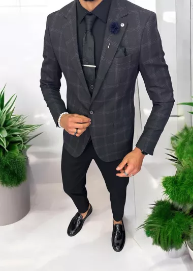 Costum barbati slim fit sacou, pantaloni, vesta, cravata, batista 13192