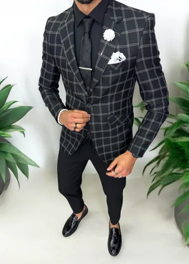 Costum barbati slim fit sacou, pantaloni, vesta, cravata, batista 13193