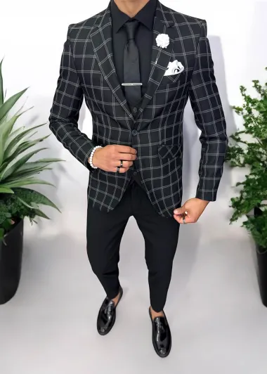 Costum barbati slim fit sacou, pantaloni, vesta, cravata, batista 13193