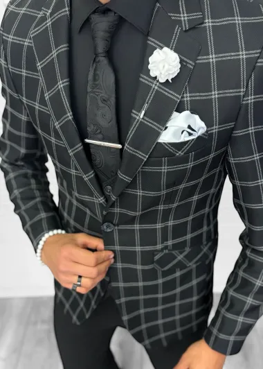 Costum barbati slim fit sacou, pantaloni, vesta, cravata, batista 13193