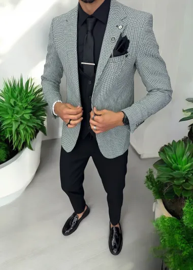 Costum barbati slim fit sacou, pantaloni, vesta, cravata, batista 13195