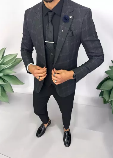 Sacou barbati slim fit gri in carouri 757