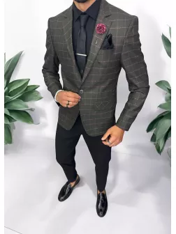 Sacou barbati slim fit kaki in carouri 784 45-1