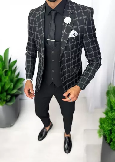 Sacou barbati slim fit negru in carouri 929