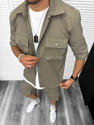 Trening barbati slim fit kaki pantaloni scurti + camasa 6050a D2-1.4