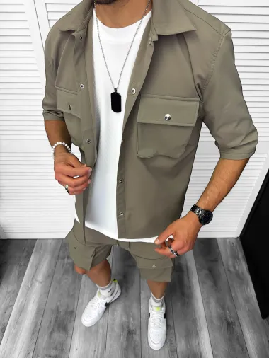 Trening barbati slim fit kaki pantaloni scurti + camasa 6050a D2-1.4