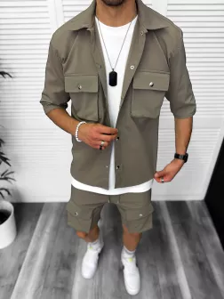 Trening barbati slim fit kaki pantaloni scurti + camasa 6050a D2-1.4