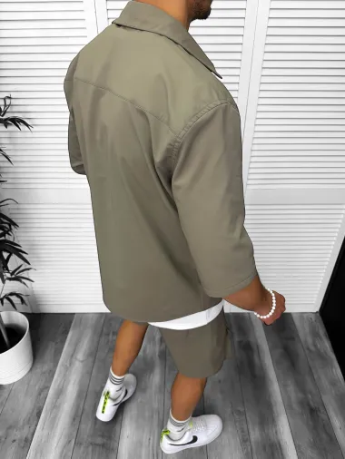 Trening barbati slim fit kaki pantaloni scurti + camasa 6050a D2-1.4