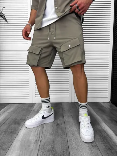 Trening barbati slim fit kaki pantaloni scurti + camasa 6050a D2-1.4