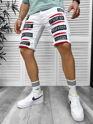 Blugi barbati scurti conici albi, cu stikere, 4603 D4-4.4