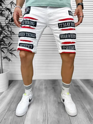 Blugi barbati scurti conici albi, cu stikere, 4603 D4-4.4