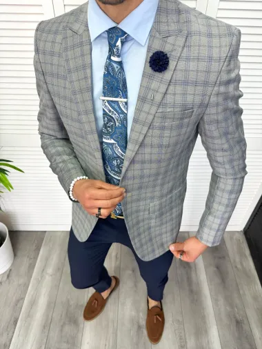 Sacou barbati slim fit in carouri 611 15-5