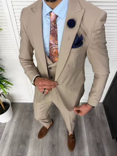 Costum barbati slim fit, bej, 3 piese, 11840 29-5