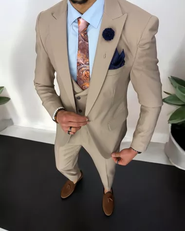 Costum barbati slim fit, bej, 3 piese, 11840 29-5