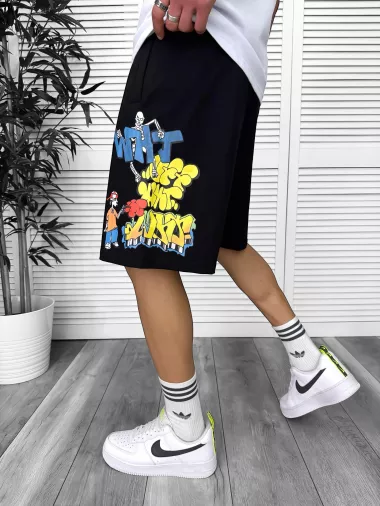 Pantaloni de trening scurti, negri, cu imprimeu Y240 N6-3.3