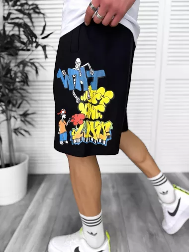 Pantaloni de trening scurti, negri, cu imprimeu Y240 N6-3.3