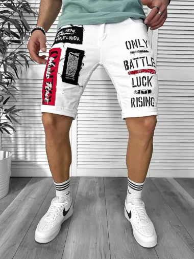 Blugi barbati scurti conici albi, cu stikere, 4602 H3-3