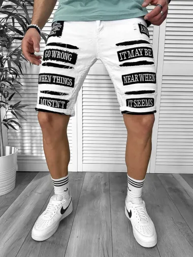 Blugi barbati scurti conici albi, cu stikere, 4064 D2-2.3