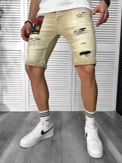 Blugi barbati scurti conici,bej ,cu stikere 7044 H6-4