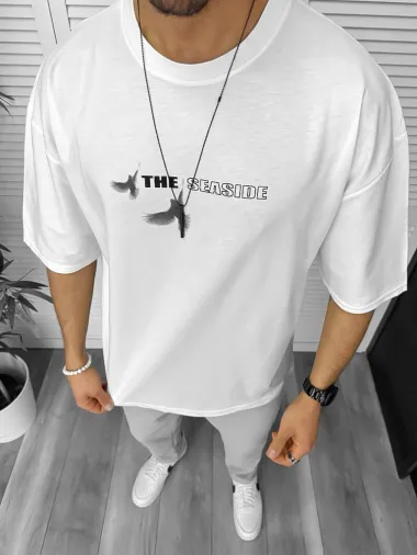 Tricou barbati alb, cu imprimeu pe spate, oversize 11820 P19-6.3