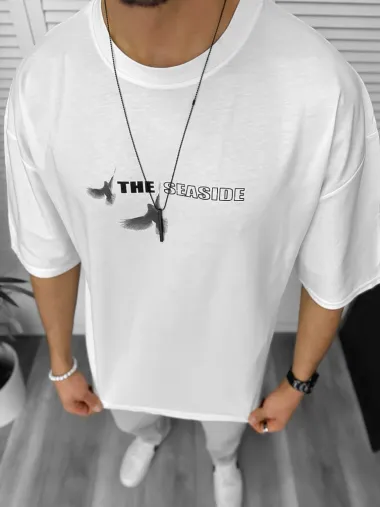 Tricou barbati alb, cu imprimeu pe spate, oversize 11820 P19-6.3