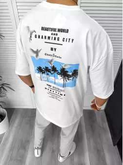 Tricou barbati alb, cu imprimeu pe spate, oversize 11820 P19-6.3