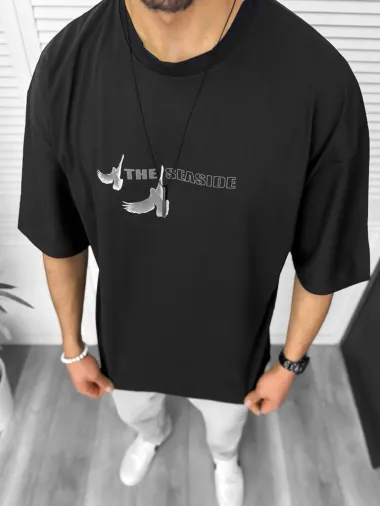 Tricou barbati negru, cu imprimeu pe spate, oversize 11820 P19-6.2