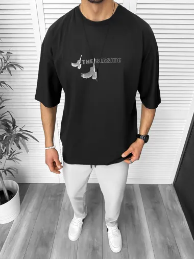 Tricou barbati negru, cu imprimeu pe spate, oversize 11820 P19-6.2