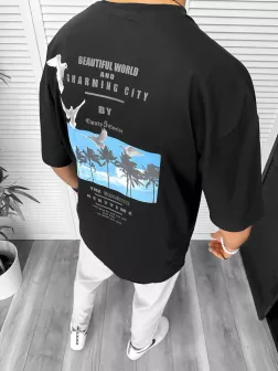 Tricou barbati negru, cu imprimeu pe spate, oversize 11820 P19-6.2