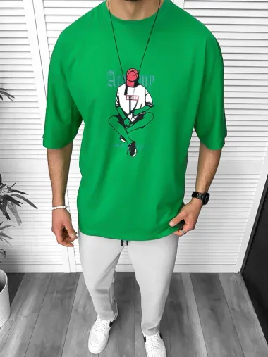 Tricou barbati verde, cu imprimeu pe spate, oversize 11825 P19-6.2