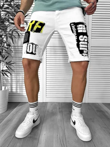 Blugi barbati scurti conici albi, cu stikere, 4601 D4-1.1