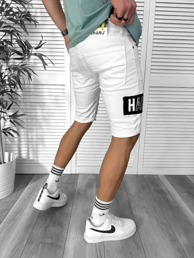 Blugi barbati scurti conici albi, cu stikere, 4601 D4-1.1