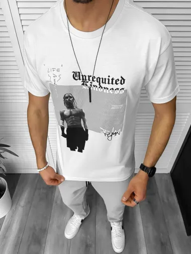 Tricou barbati alb, cu imprimeu, slim Y205 22A-5.1
