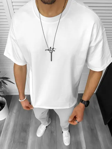 Tricou barbati alb, cu imprimeu pe spate, oversize Y250 D2-2.3