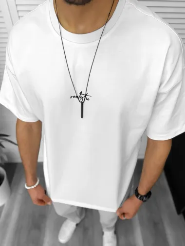 Tricou barbati alb, cu imprimeu pe spate, oversize Y250 D2-2.3